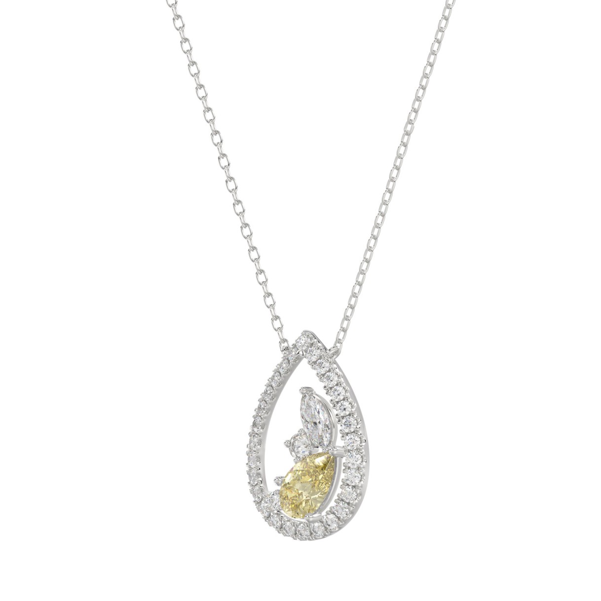 14K WHITE GOLD 1 1/2CT ROUND/YELLOW PEAR/MARQUISE DIAMOND LADIES PENDANT WITH CHAIN