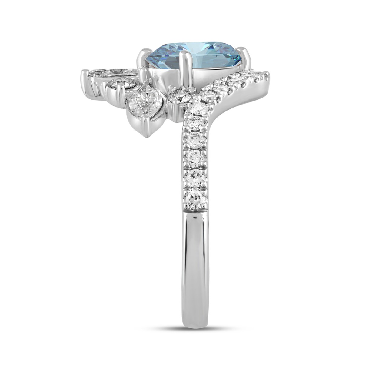 14K WHITE GOLD 2 1/4CT ROUND/MARQUISE/OVAL DIAMOND LADIES RING (CENTER STONE BLUE OVAL DIAMOND 1 1/2CT)