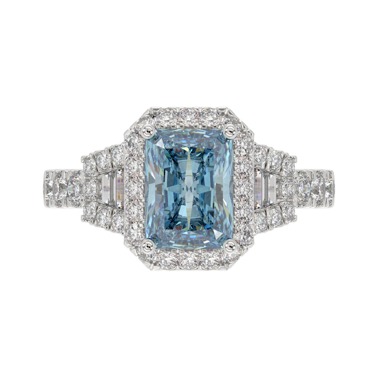 14K WHITE GOLD 2 3/4CT ROUND/BAGUETTE/RADIANT DIAMOND LADIES RING (CENTER STONE BLUE RADIANT DIAMOND 2.00CT)