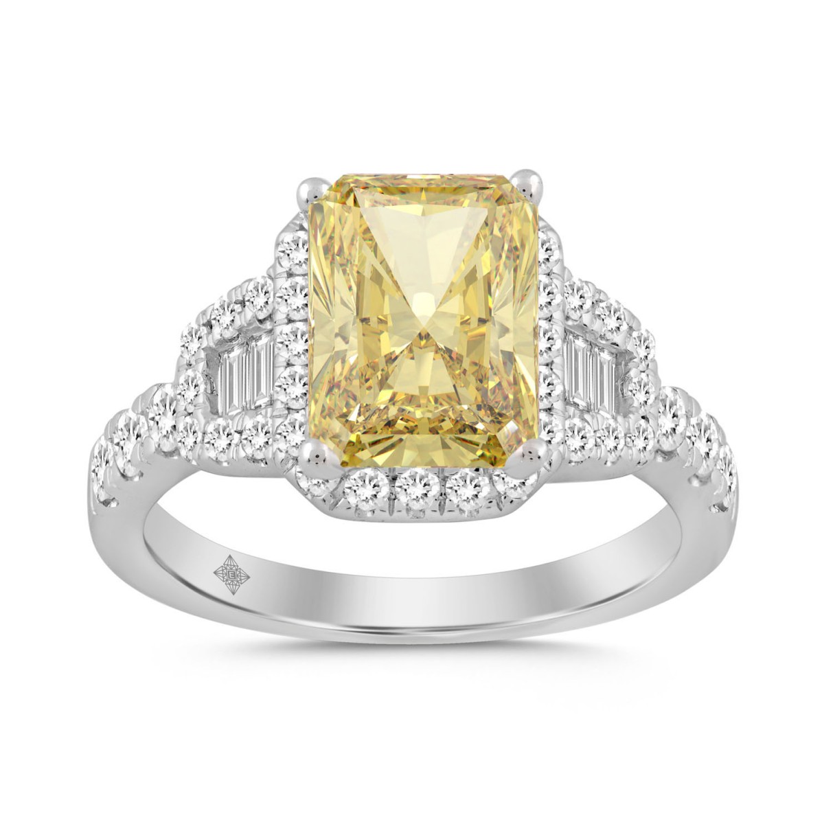 14K WHITE GOLD 2 3/4CT ROUND/BAGUETTE/RADIANT DIAMOND LADIES RING (CENTER STONE YELLOW RADIANT DIAMOND 2.00CT)