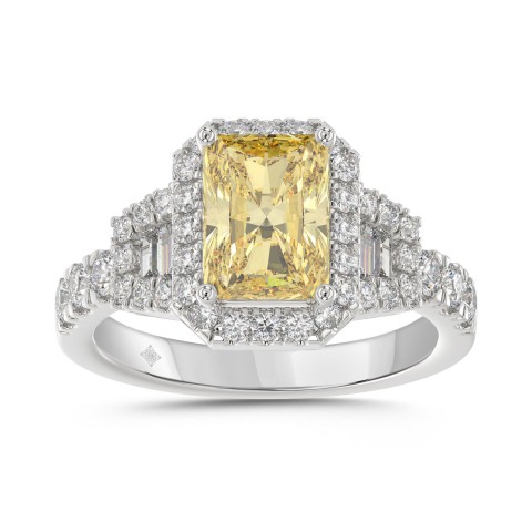 Luxury 14K White Gold 2.3/4Ct Round/Baguette & Radiant Lab Grown Diamond Engagement Halo Ring Yellow 2.00 Ct Radiant Cut Center