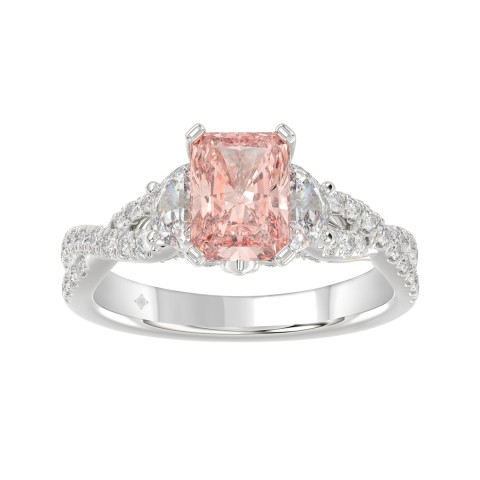ETERNAL BLUSH COLLECTION 14K WHITE GOLD 3.00CT ROUND/HALF MOON/EMERALD DIAMOND LADIES RING (CENTER STONE PINK EMERALD DIAMOND 2.00CT)