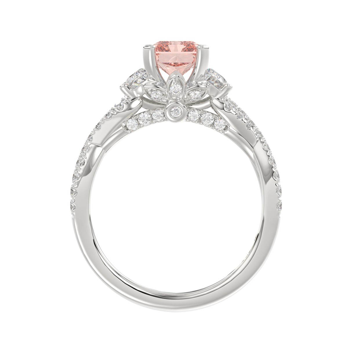 14K WHITE GOLD 3.00CT ROUND/HALF MOON/EMERALD DIAMOND LADIES RING (CENTER STONE EMERALD PINK DIAMOND 2.00CT)