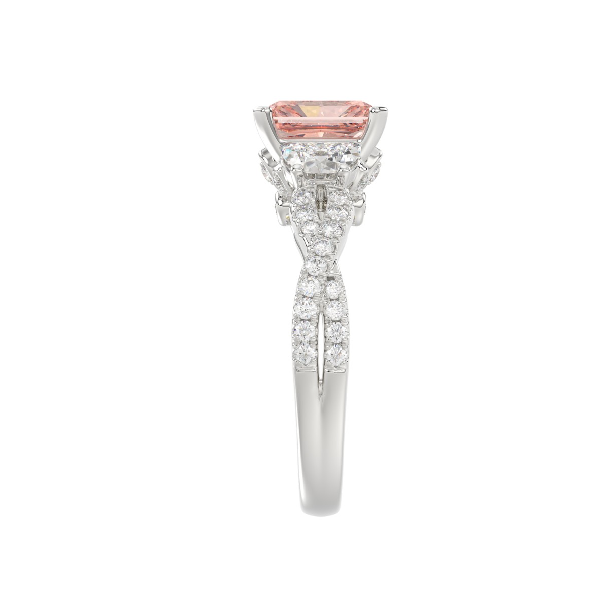 14K WHITE GOLD 3.00CT ROUND/HALF MOON/EMERALD DIAMOND LADIES RING (CENTER STONE EMERALD PINK DIAMOND 2.00CT)