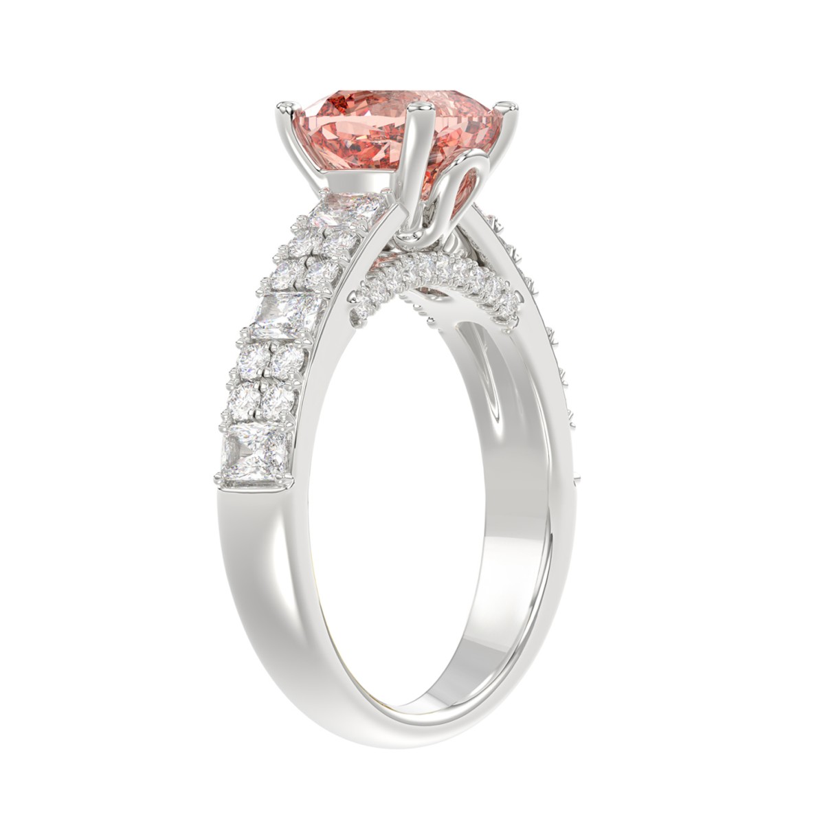 ETERNAL BLUSH COLLECTION 14K WHITE GOLD 3.00CT ROUND/EMERALD DIAMOND LADIES RING (CENTER STONE PINK ROUND DIAMOND 2.00CT)