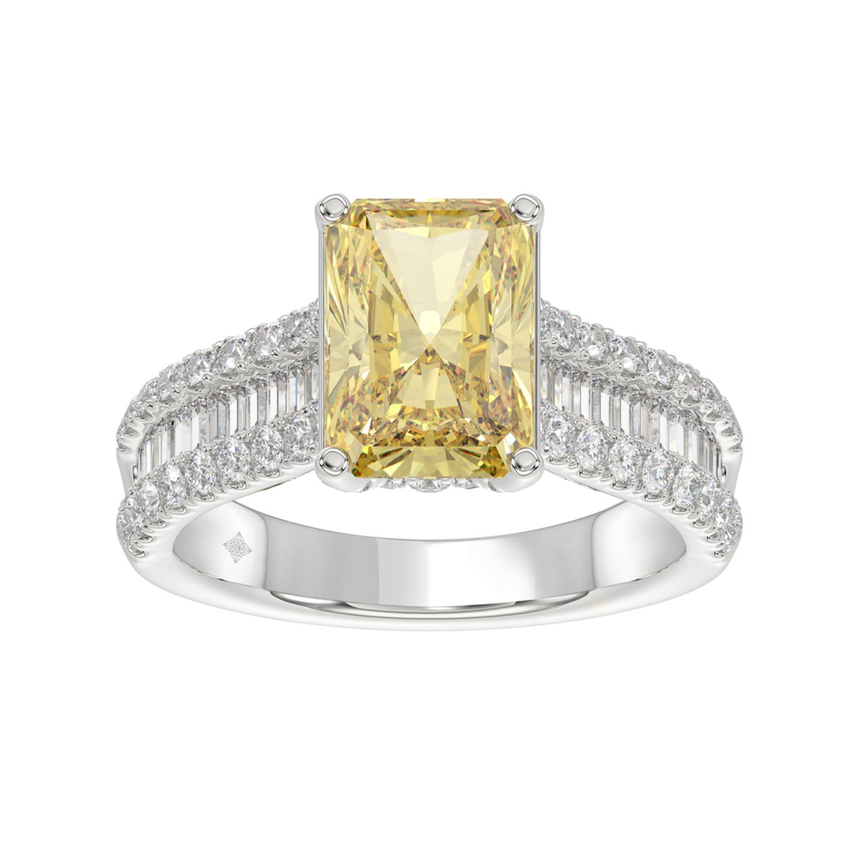 14K WHITE GOLD 5 1/4CT ROUND/BAGUETTE/RADIANT DIAMOND LADIES RING (CENTER STONE YELLOW RADIANT DIAMOND 3.00CT)