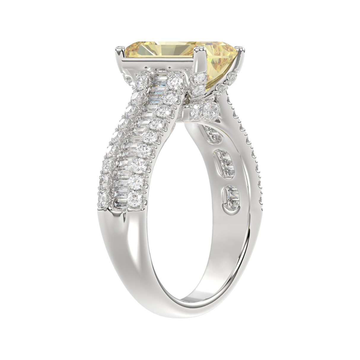 14K WHITE GOLD 5 1/4CT ROUND/BAGUETTE/RADIANT DIAMOND LADIES RING (CENTER STONE YELLOW RADIANT DIAMOND 3.00CT)