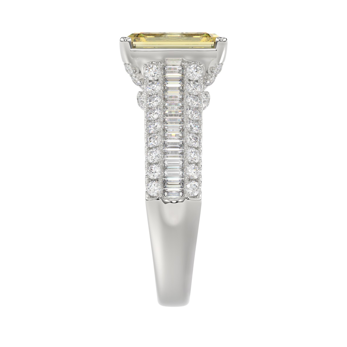 14K WHITE GOLD 5 1/4CT ROUND/BAGUETTE/RADIANT DIAMOND LADIES RING (CENTER STONE YELLOW RADIANT DIAMOND 3.00CT)