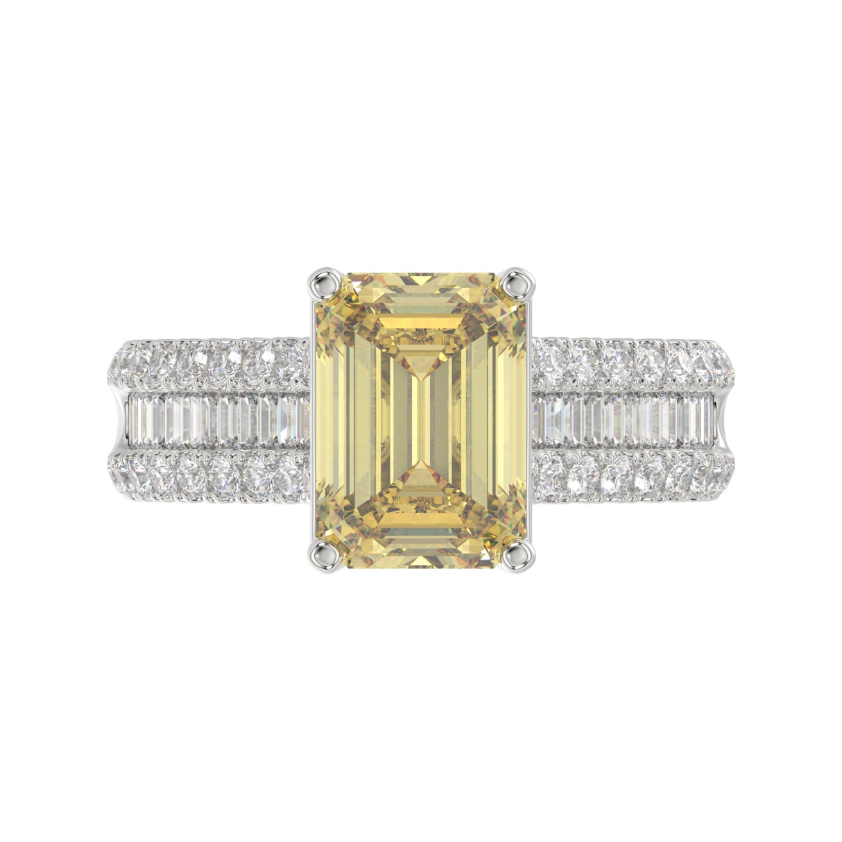 14K WHITE GOLD 5 1/4CT ROUND/BAGUETTE/RADIANT DIAMOND LADIES RING (CENTER STONE YELLOW RADIANT DIAMOND 3.00CT)