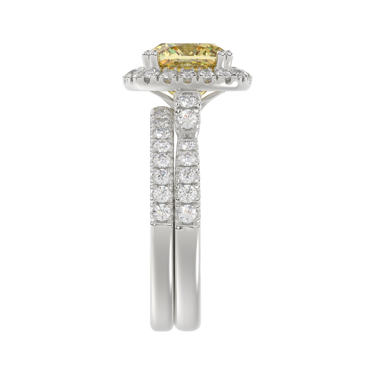 14K WHITE GOLD 3 3/4CT ROUND/CUSHION DIAMOND LADIES BRIDAL SET (CENTER STONE CUSHION YELLOW DIAMOND 3.00CT)