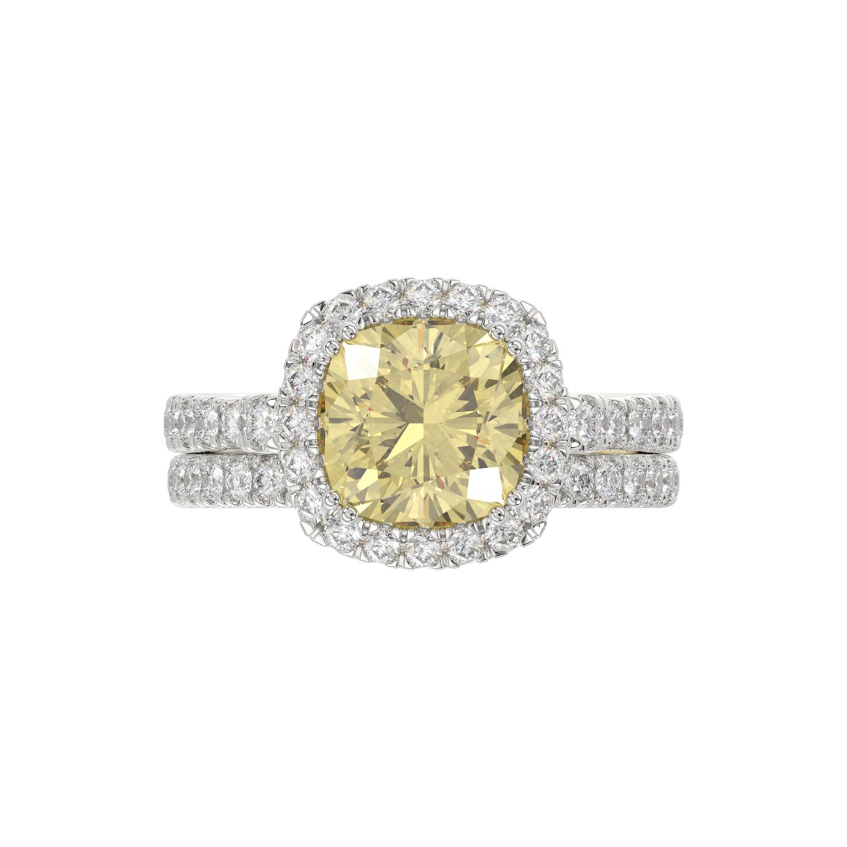 14K WHITE GOLD 3 3/4CT ROUND/CUSHION DIAMOND LADIES BRIDAL SET (CENTER STONE CUSHION YELLOW DIAMOND 3.00CT)