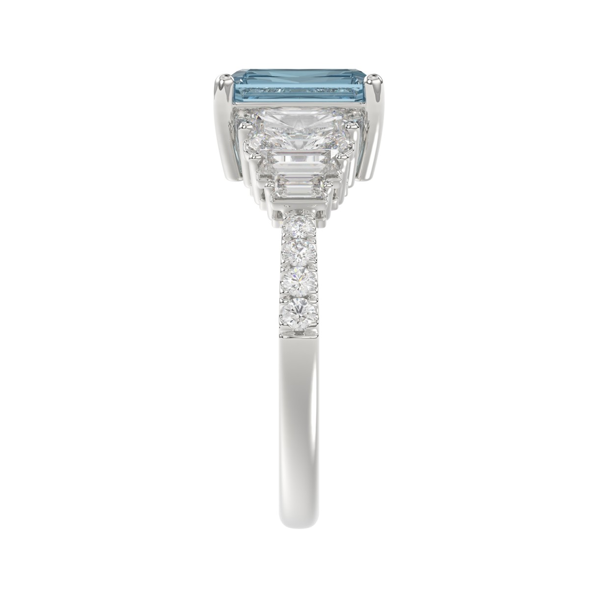 14K WHITE GOLD 3 1/4CT ROUND/BAGUETTE/EMERALD DIAMOND LADIES RING (CENTER STONE EMERALD BLUE DIAMOND 2.00CT)
