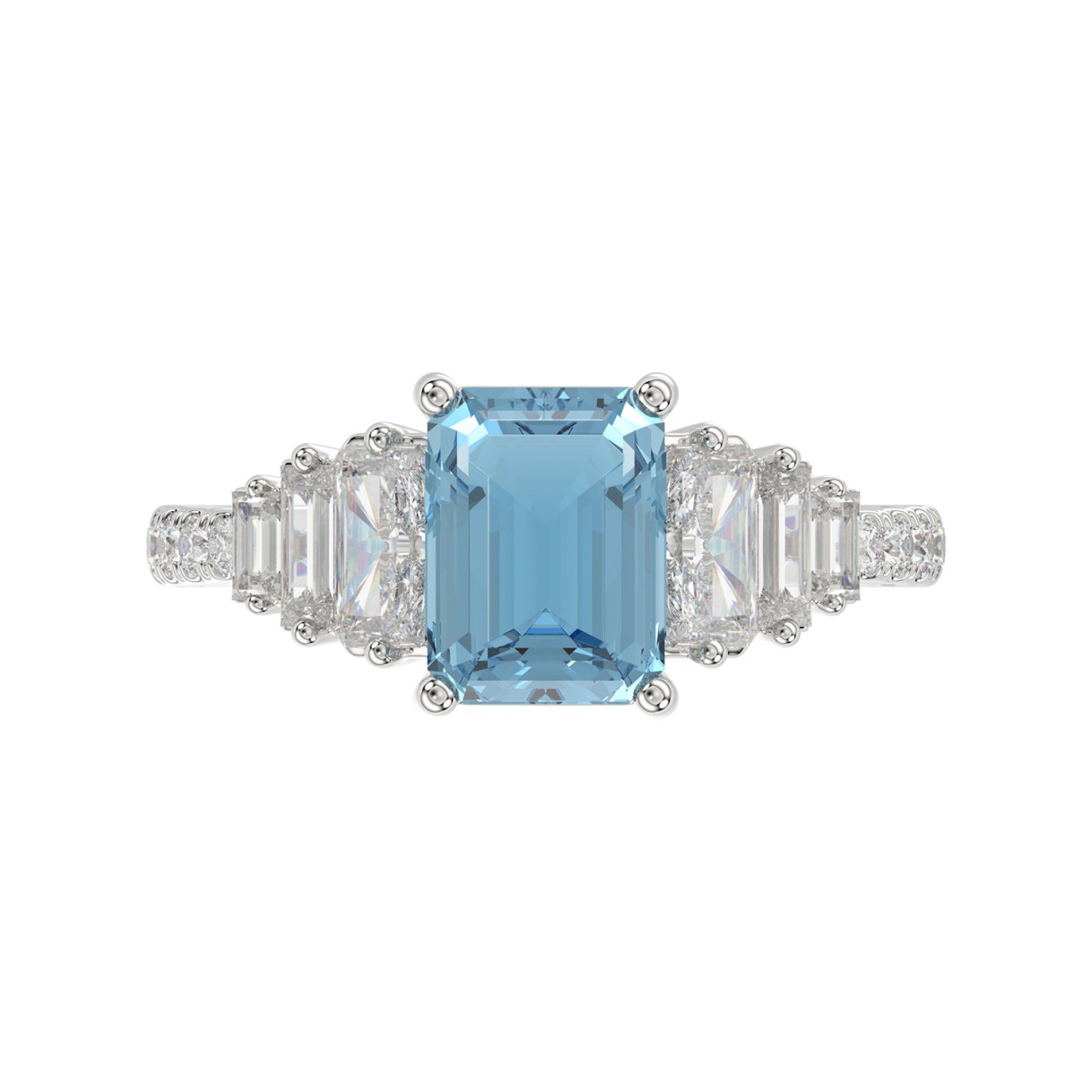 14K WHITE GOLD 3 1/4CT ROUND/BAGUETTE/EMERALD DIAMOND LADIES RING (CENTER STONE EMERALD BLUE DIAMOND 2.00CT)