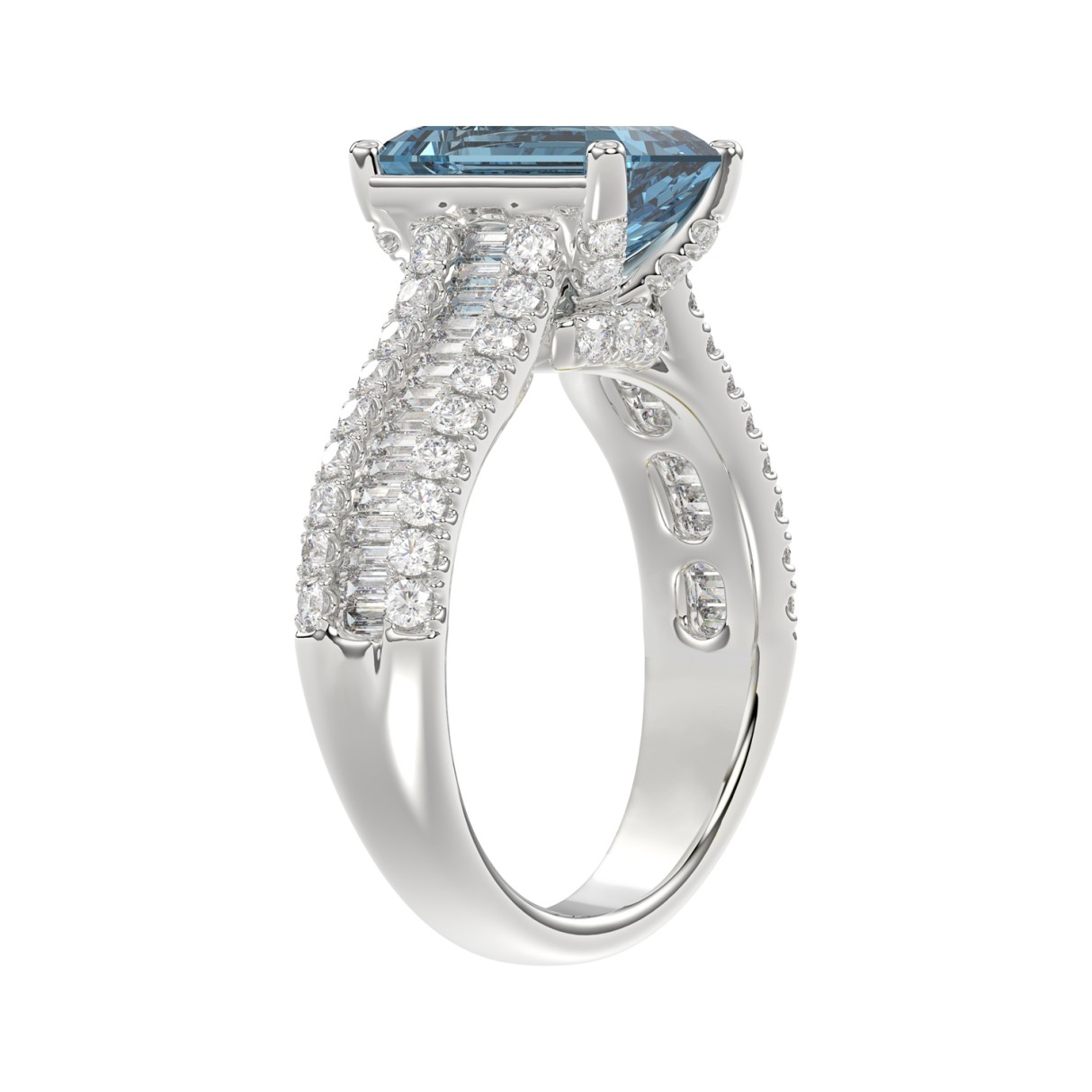 14K WHITE GOLD 4.00CT ROUND/RADIANT/BAGUETTE DIAMOND LADIES RING (CENTER STONE RADIANT BLUE DIAMOND 3.00CT)