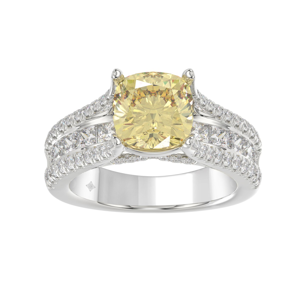 14K WHITE GOLD 4 1/2CT ROUND/PRINCESS/CUSHION DIAMOND LADIES RING (CENTER STONE YELLOW CUSHION DIAMOND 3.00CT)