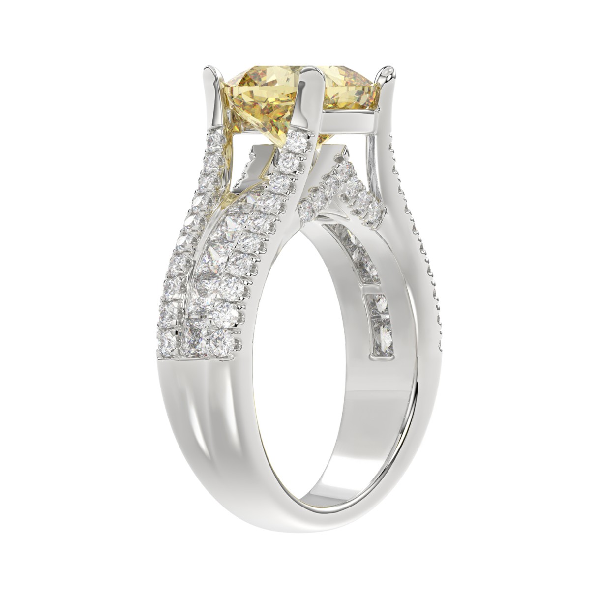 14K WHITE GOLD 4 1/2CT ROUND/PRINCESS/CUSHION DIAMOND LADIES RING (CENTER STONE YELLOW CUSHION DIAMOND 3.00CT)