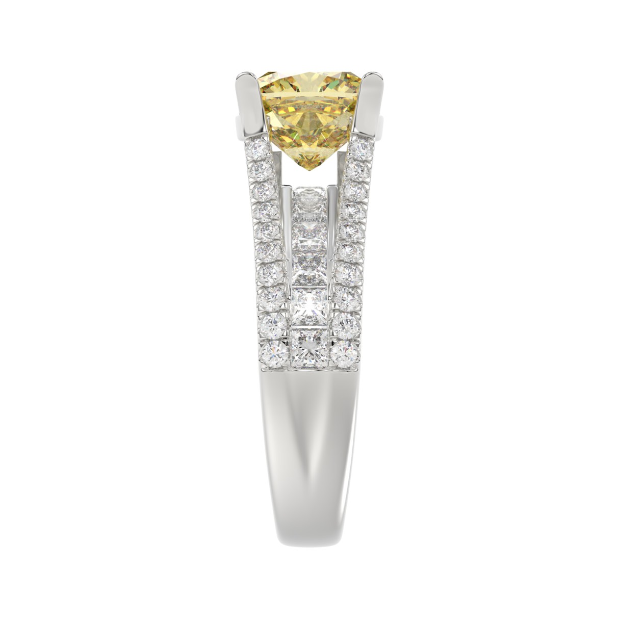 14K WHITE GOLD 4 1/2CT ROUND/PRINCESS/CUSHION DIAMOND LADIES RING (CENTER STONE YELLOW CUSHION DIAMOND 3.00CT)