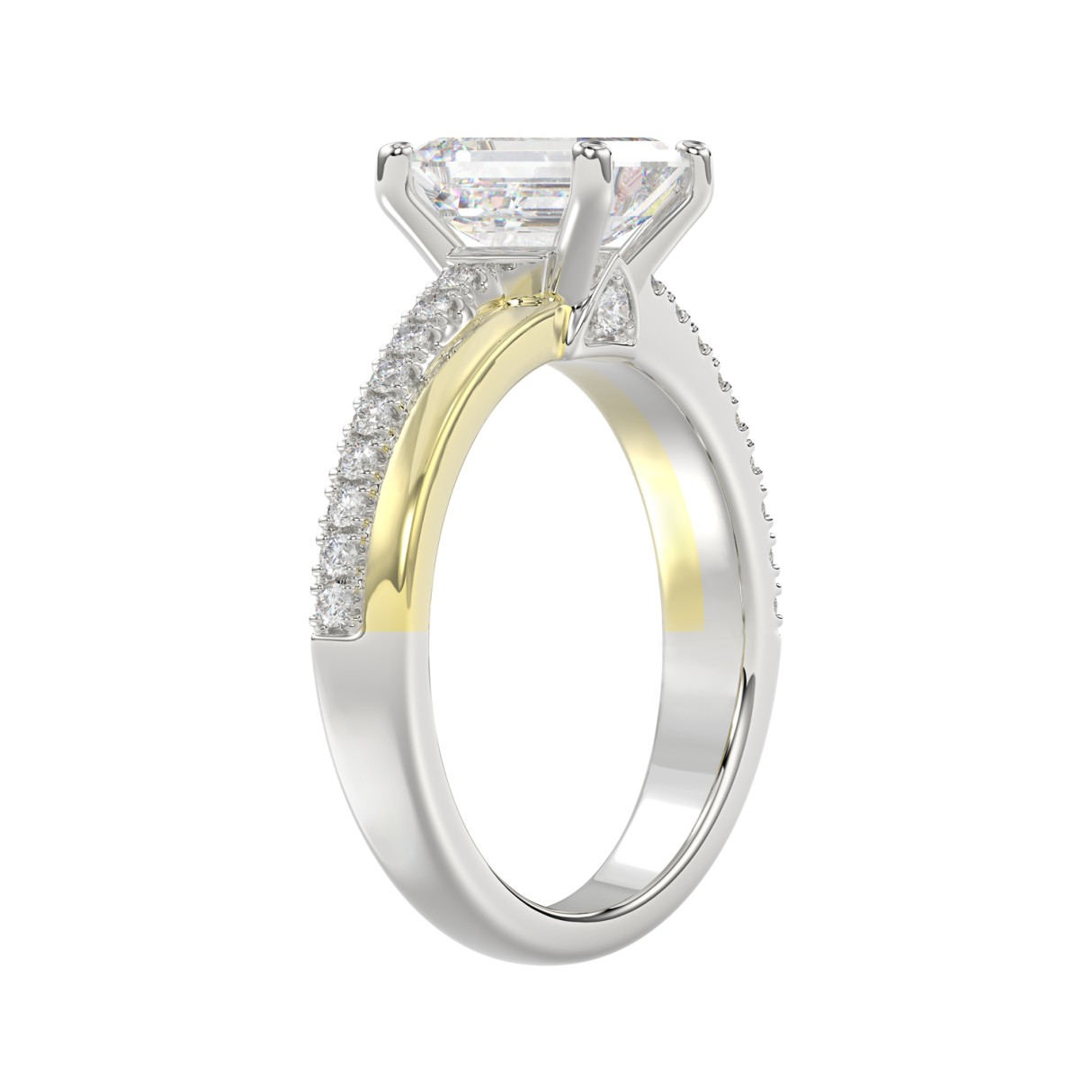 14K WHITE/YELLOW GOLD 2 1/4CT ROUND/EMERALD CUT DIAMOND LADIES RING (CENTER STONE EMERALD CUT DIAMOND 2CT)