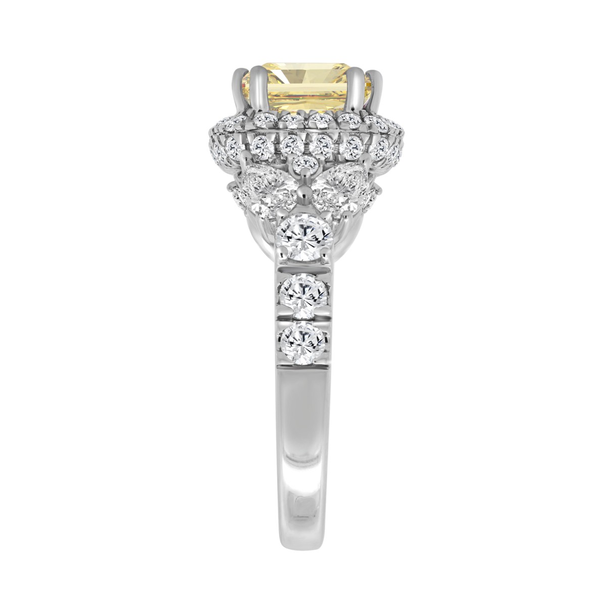 14K WHITE GOLD 4 3/4CT ROUND/PEAR/YELLOW CUSHION DIAMOND LADIES RING (CENTER STONE YELLOW CUSHION DIAMOND 3.00CT)