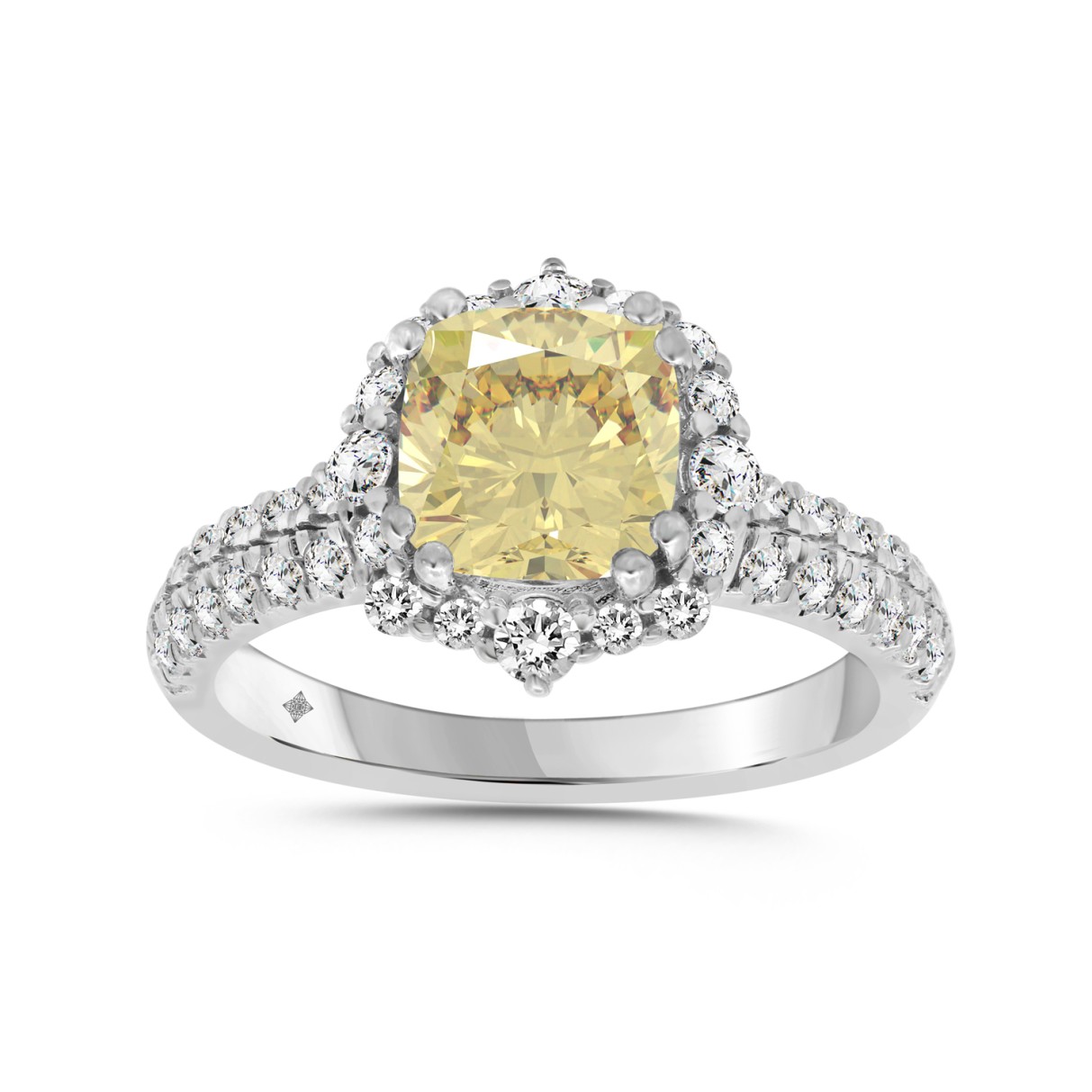 14K WHITE GOLD 2 3/4CT ROUND/YELLOW CUSHION DIAMOND LADIES RING