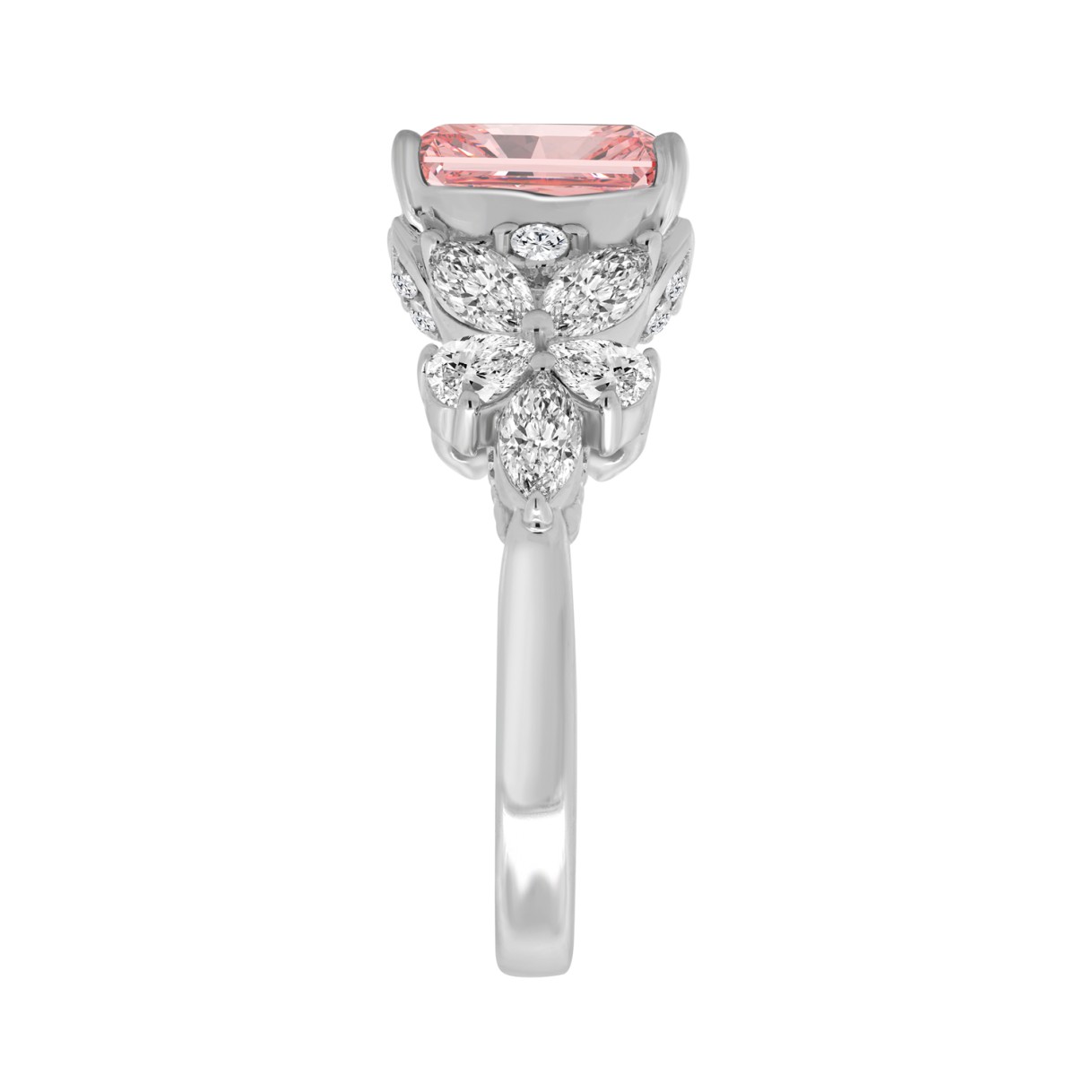 ETERNAL BLUSH COLLECTION 14K WHITE GOLD 3 1/4CT MARQUISE/PEAR/PINK RADIANT DIAMOND LADIES RING (CENTER STONE PINK RADIANT DIAMOND 2CT)
