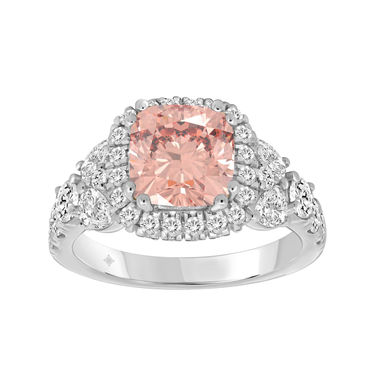 14K WHITE GOLD 4 3/4CT ROUND/PEAR/PINK CUSHION DIAMOND LADIES RING (CENTER STONE CUSHION DIAMOND 3.00CT)