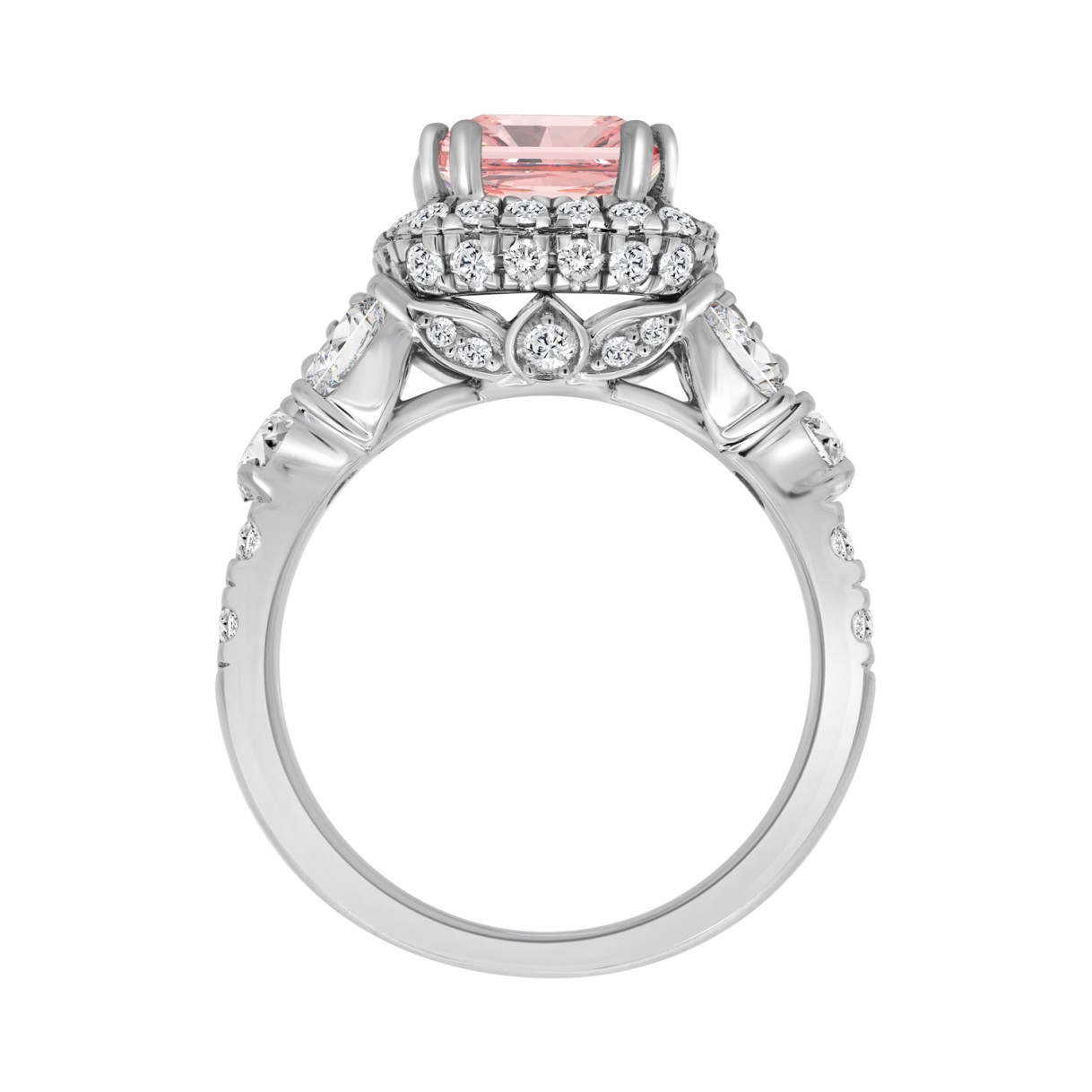 ETERNAL BLUSH COLLECTION 14K WHITE GOLD 4 3/4CT ROUND/PEAR/PINK CUSHION DIAMOND LADIES RING (CENTER STONE PINK CUSHION DIAMOND 3.00CT)