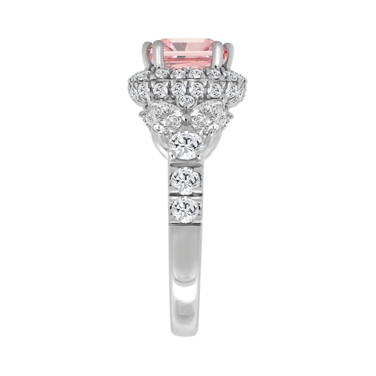 ETERNAL BLUSH COLLECTION 14K WHITE GOLD 4 3/4CT ROUND/PEAR/PINK CUSHION DIAMOND LADIES RING (CENTER STONE PINK CUSHION DIAMOND 3.00CT)