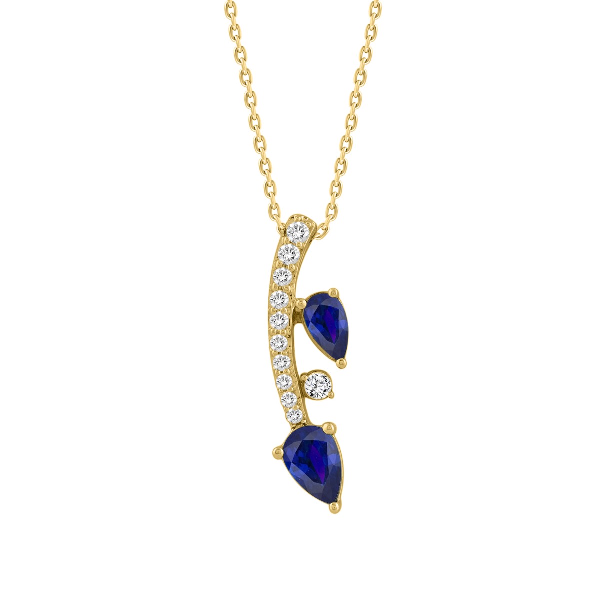 14K YELLOW GOLD 7/8CT ROUND/PEAR DIAMOND LADIES PENDANT WITH CHAIN (PEAR BLUE SAPPHIRE 5/8CT)