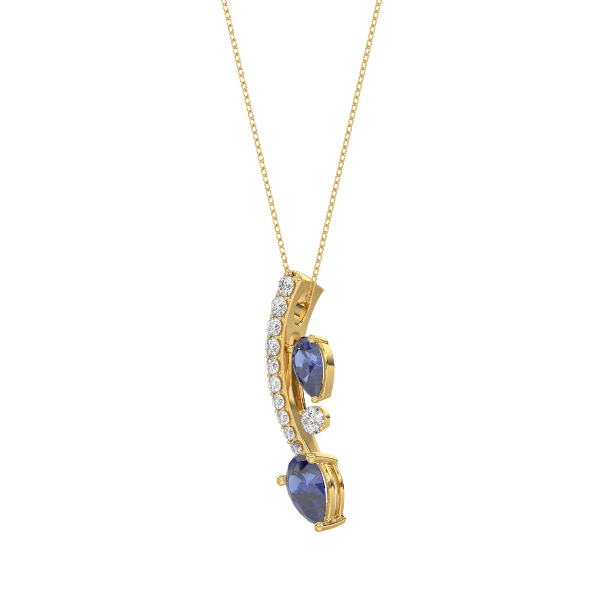 14K YELLOW GOLD 7/8CT ROUND/PEAR DIAMOND LADIES PENDANT WITH CHAIN (PEAR BLUE SAPPHIRE 5/8CT)