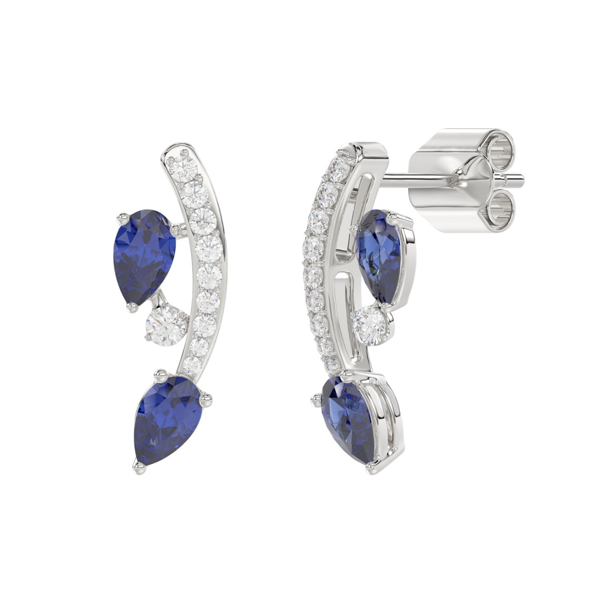 14K WHITE GOLD 1.00CT ROUND/PEAR DIAMOND LADIES EARRINGS (PEAR BLUE SAPPHIRE 7/8CT)