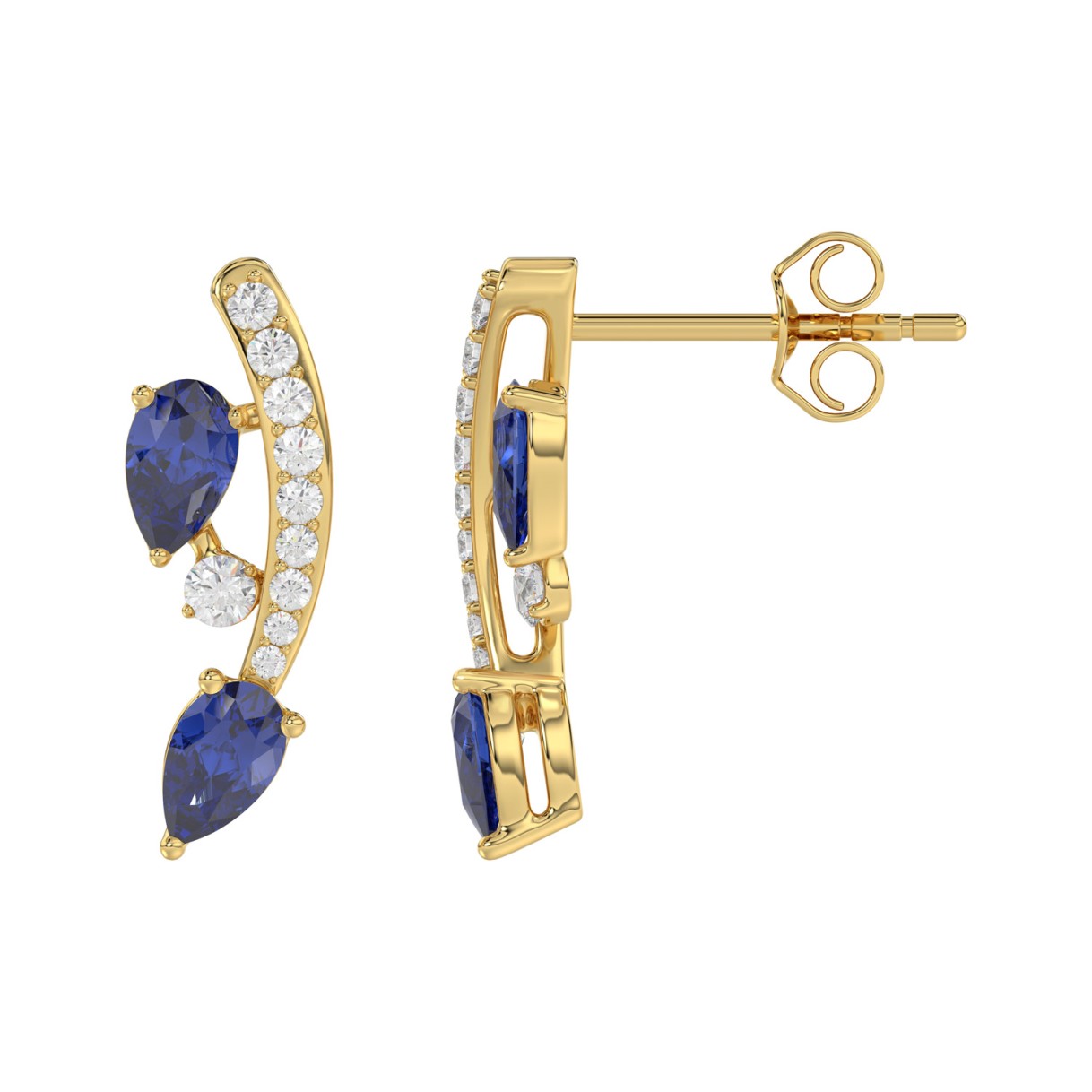 14K YELLOW GOLD 1.00CT ROUND/PEAR DIAMOND LADIES EARRINGS (PEAR BLUE SAPPHIRE 7/8CT)