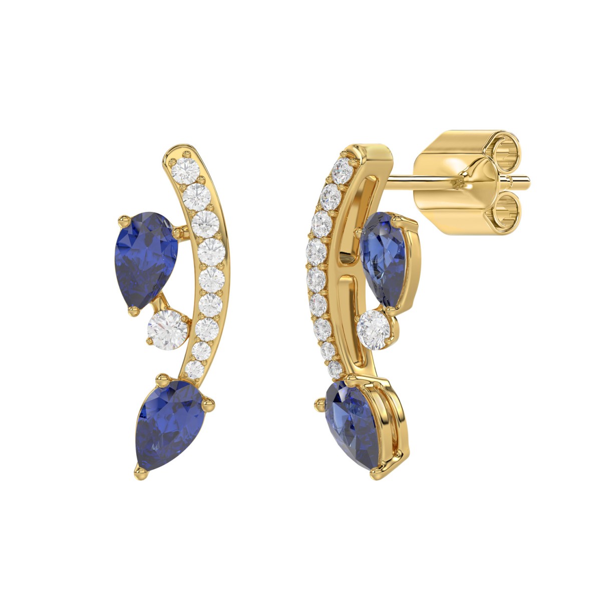 14K YELLOW GOLD 1.00CT ROUND/PEAR DIAMOND LADIES EARRINGS (PEAR BLUE SAPPHIRE 7/8CT)