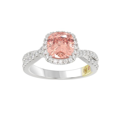 14K WHITE GOLD CRAFTED WITH 18K YELLOW GOLD SHANK 2 1/2CT ROUND/CUSHION DIAMOND LADIES BRIDAL SET (CENTER STONE CUSHION PINK DIAMOND 2.00CT)