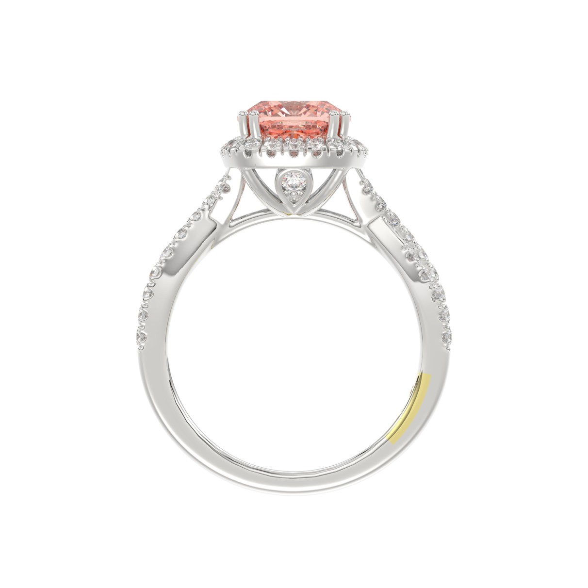 14K WHITE GOLD CRAFTED WITH 18K YELLOW GOLD SHANK 2 1/2CT ROUND/CUSHION DIAMOND LADIES BRIDAL RING (CENTER STONE CUSHION PINK DIAMOND 2.00CT)