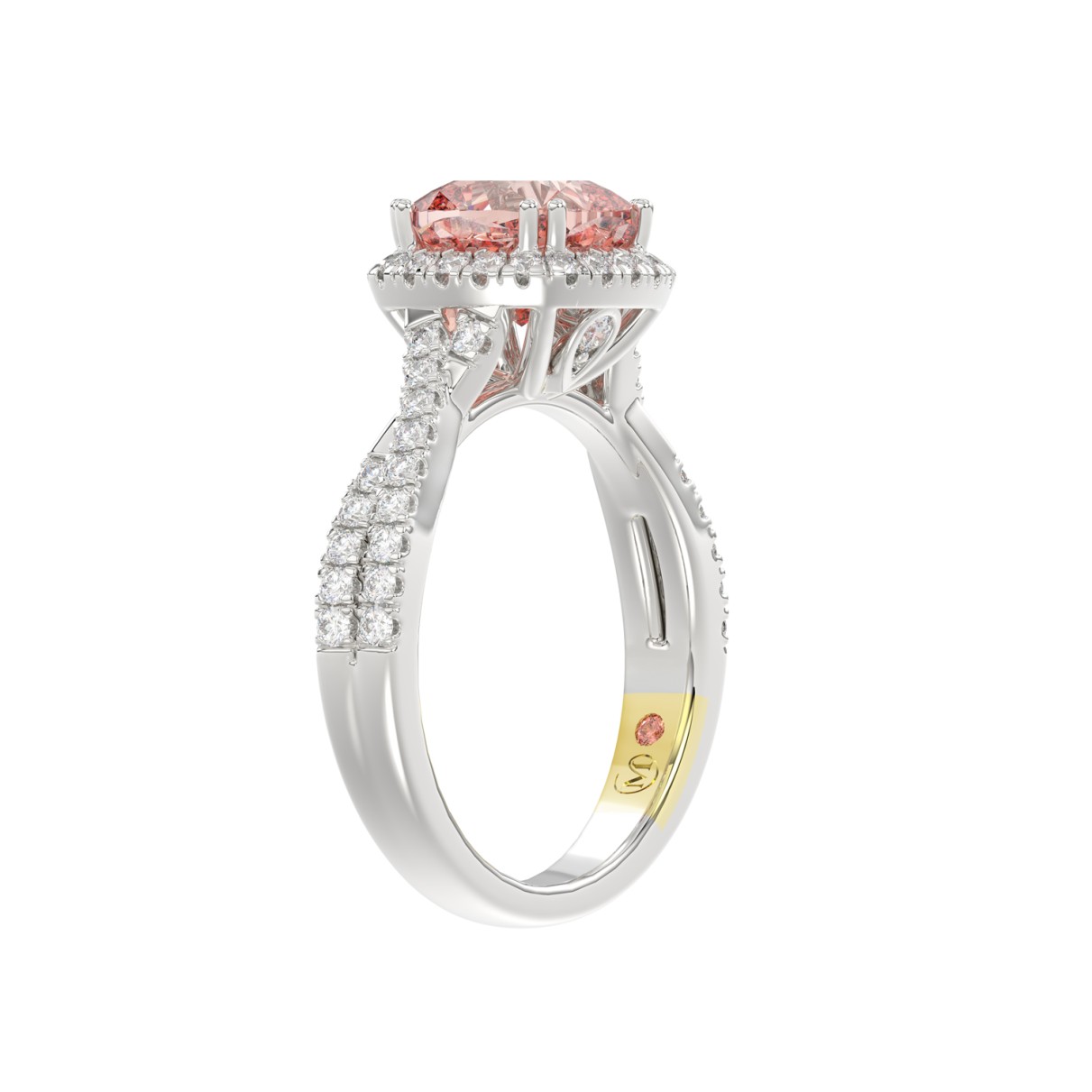 14K WHITE GOLD CRAFTED WITH 18K YELLOW GOLD SHANK 2 1/2CT ROUND/CUSHION DIAMOND LADIES BRIDAL SET (CENTER STONE CUSHION PINK DIAMOND 2.00CT)