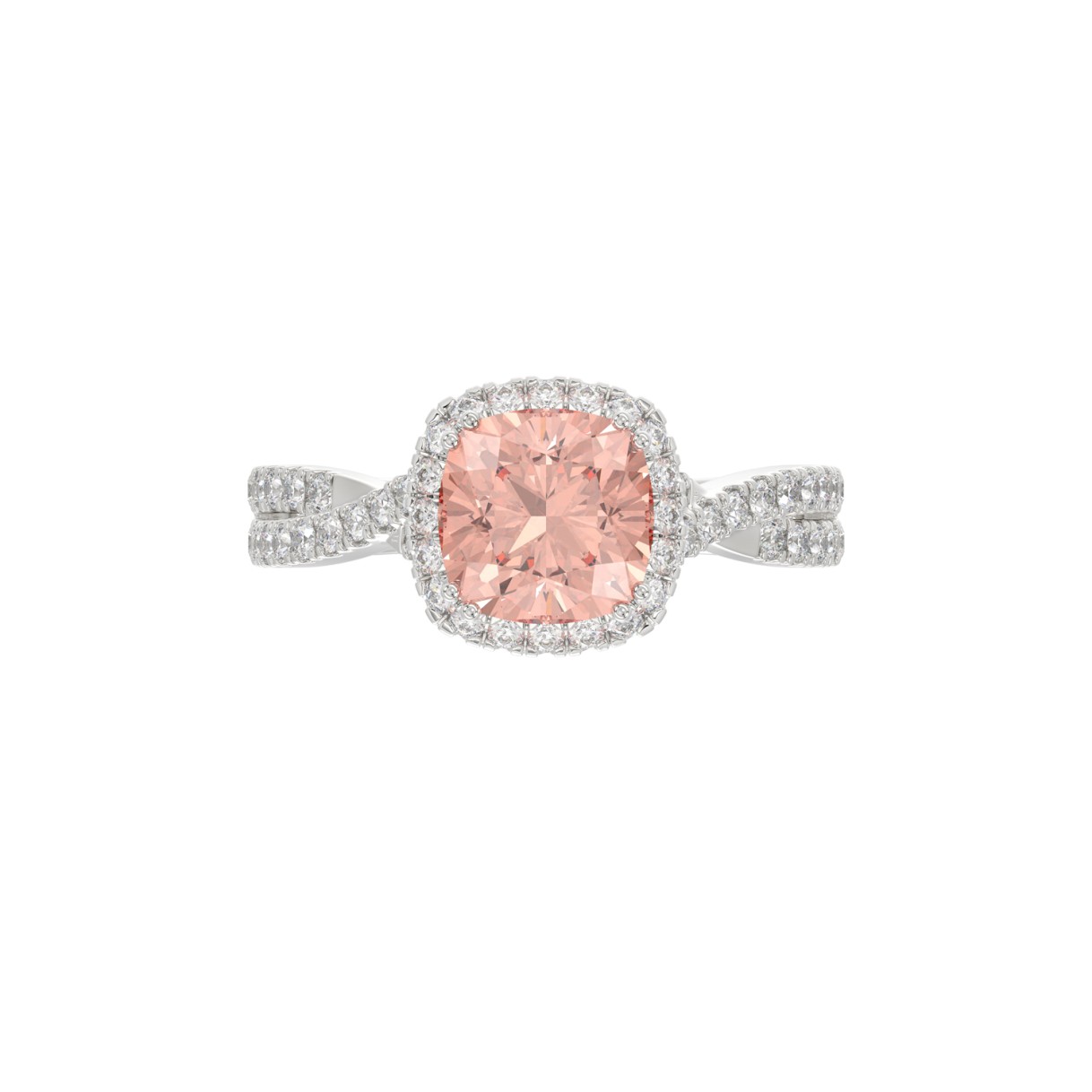 14K WHITE GOLD CRAFTED WITH 18K YELLOW GOLD SHANK 2 1/2CT ROUND/CUSHION DIAMOND LADIES BRIDAL RING (CENTER STONE CUSHION PINK DIAMOND 2.00CT)