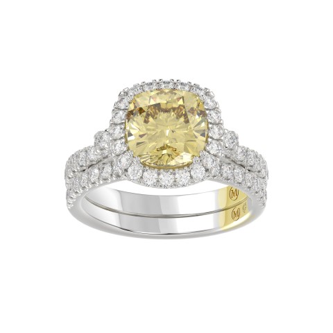 14K WHITE GOLD CRAFTED WITH 18K YELLOW GOLD SHANK 3 3/4CT ROUND/CUSHION DIAMOND LADIES BRIDAL SET (CENTER STONE CUSHION YELLOW DIAMOND 3.00CT)