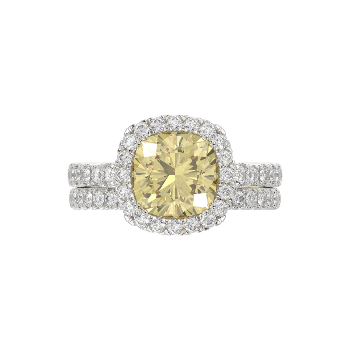 14K WHITE GOLD CRAFTED WITH 18K YELLOW GOLD SHANK 3 3/4CT ROUND/CUSHION DIAMOND LADIES BRIDAL SET (CENTER STONE CUSHION YELLOW DIAMOND 3.00CT)