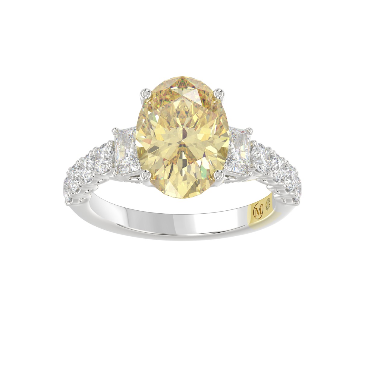 14K WHITE GOLD CRAFTED WITH 18K YELLOW GOLD SHANK 4 1/4CT ROUND/EMERALD/YELLOW OVAL DIAMOND LADIES RING (CENTER STONE OVAL YELLOW DIAMOND 3.00CT)