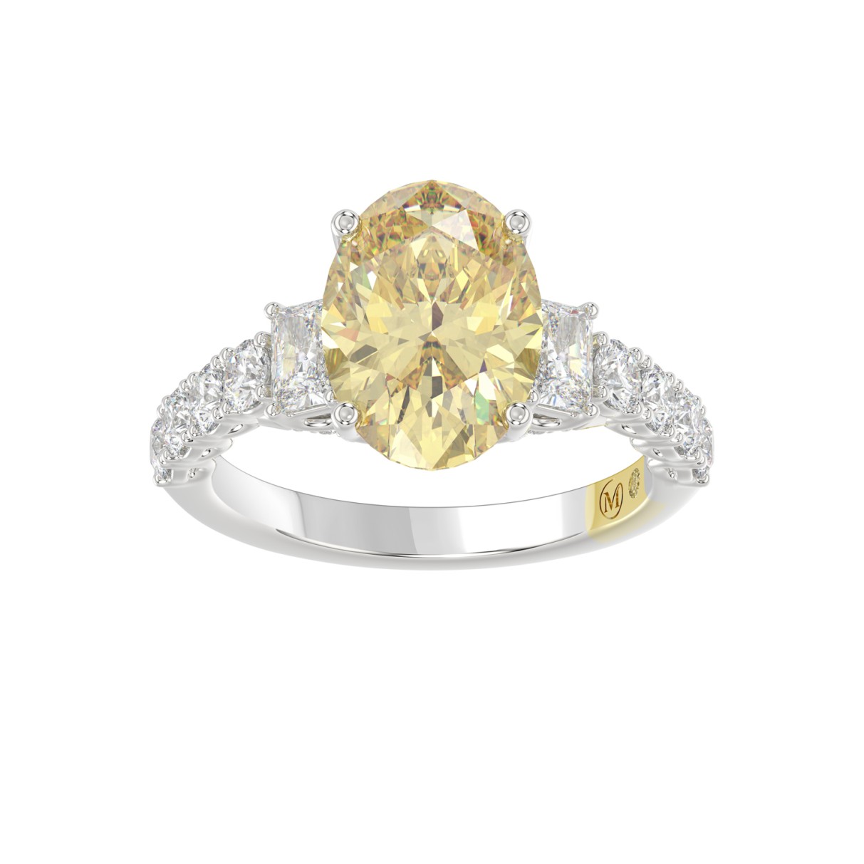 14K WHITE GOLD CRAFTED WITH 18K YELLOW GOLD SHANK 4 1/4CT ROUND/EMERALD/YELLOW OVAL DIAMOND LADIES RING (CENTER STONE OVAL YELLOW DIAMOND 3.00CT)