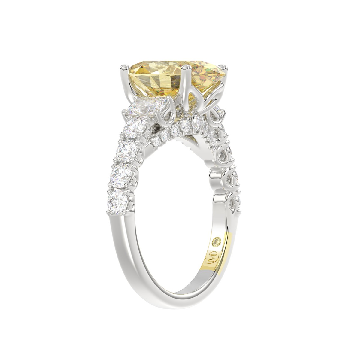 14K WHITE GOLD CRAFTED WITH 18K YELLOW GOLD SHANK 4 1/4CT ROUND/EMERALD/YELLOW OVAL DIAMOND LADIES RING (CENTER STONE OVAL YELLOW DIAMOND 3.00CT)