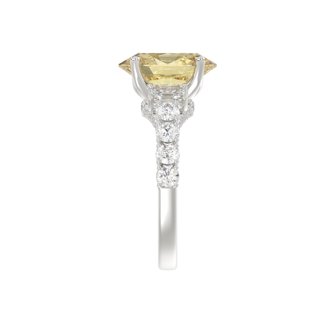 14K WHITE GOLD CRAFTED WITH 18K YELLOW GOLD SHANK 4 1/4CT ROUND/EMERALD/YELLOW OVAL DIAMOND LADIES RING (CENTER STONE OVAL YELLOW DIAMOND 3.00CT)