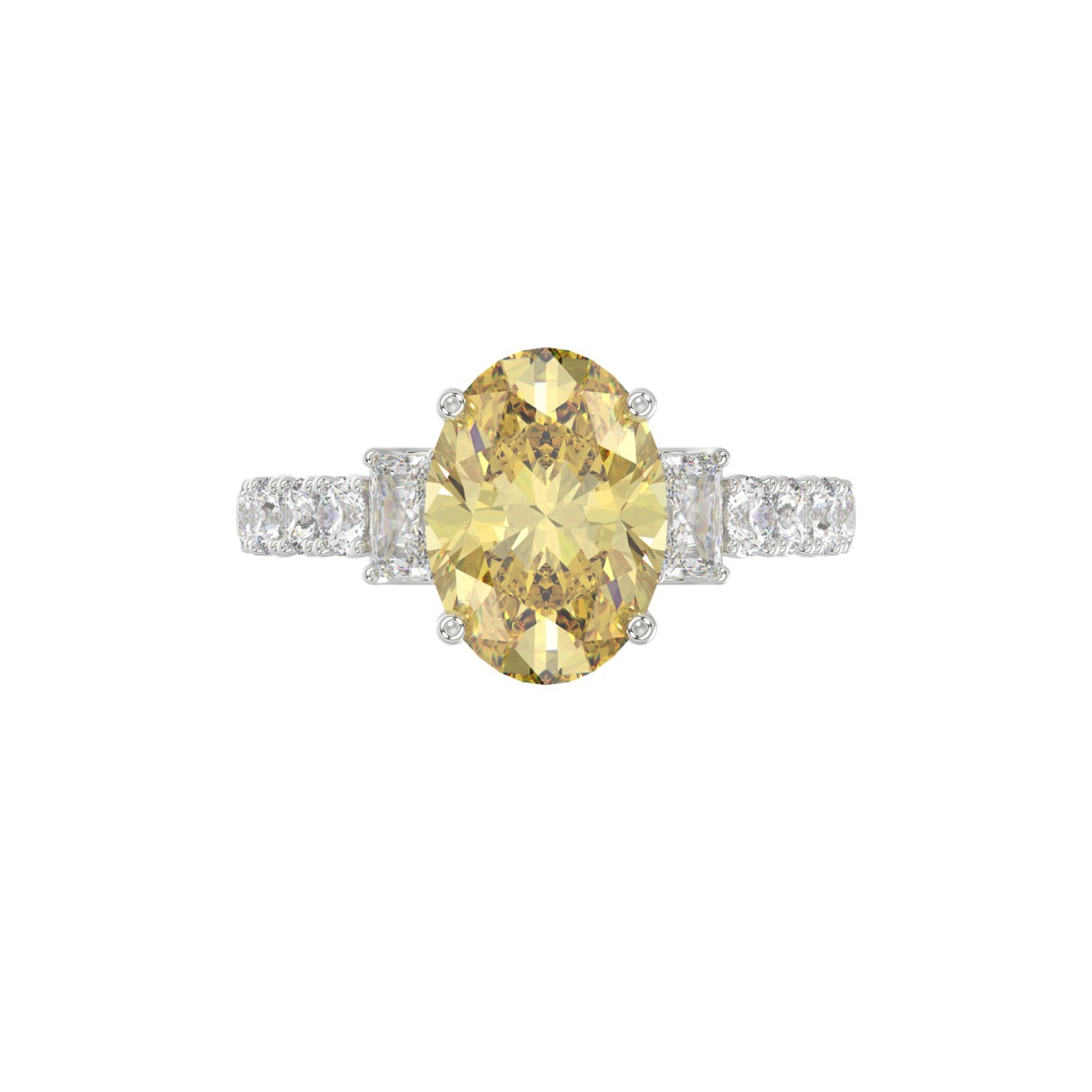 14K WHITE GOLD CRAFTED WITH 18K YELLOW GOLD SHANK 4 1/4CT ROUND/EMERALD/YELLOW OVAL DIAMOND LADIES RING (CENTER STONE OVAL YELLOW DIAMOND 3.00CT)