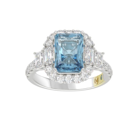 14K WHITE GOLD CRAFTED WITH 18K YELLOW GOLD SHANK 4 1/2CT ROUND/EMERALD DIAMOND LADIES RING  (CENTER STONE EMERALD BLUE DIAMOND 3.00CT)