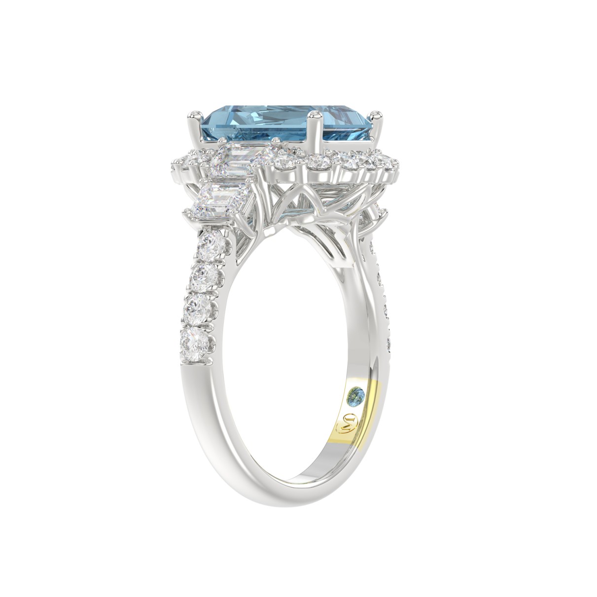 14K WHITE GOLD CRAFTED WITH 18K YELLOW GOLD SHANK 4 1/2CT ROUND/EMERALD DIAMOND LADIES RING  (CENTER STONE EMERALD BLUE DIAMOND 3.00CT)