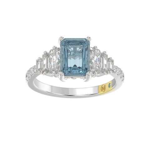 14K WHITE GOLD CRAFTED WITH 18K YELLOW GOLD SHANK 3 1/4CT ROUND/BAGUETTE/EMERALD DIAMOND LADIES RING (CENTER STONE EMERALD BLUE DIAMOND 2.00CT)