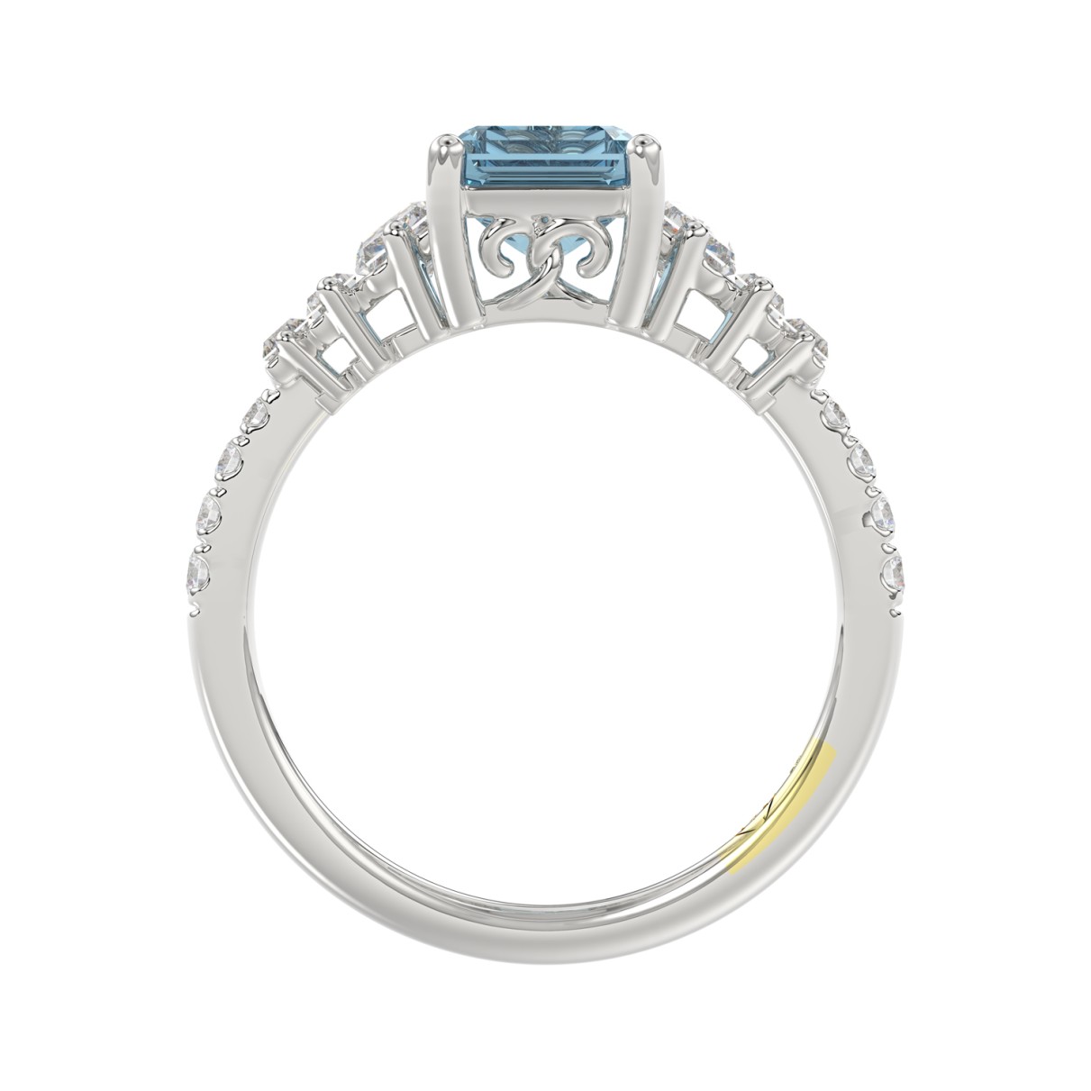 14K WHITE GOLD CRAFTED WITH 18K YELLOW GOLD SHANK 3 1/4CT ROUND/BAGUETTE/EMERALD DIAMOND LADIES RING (CENTER STONE EMERALD BLUE DIAMOND 2.00CT)