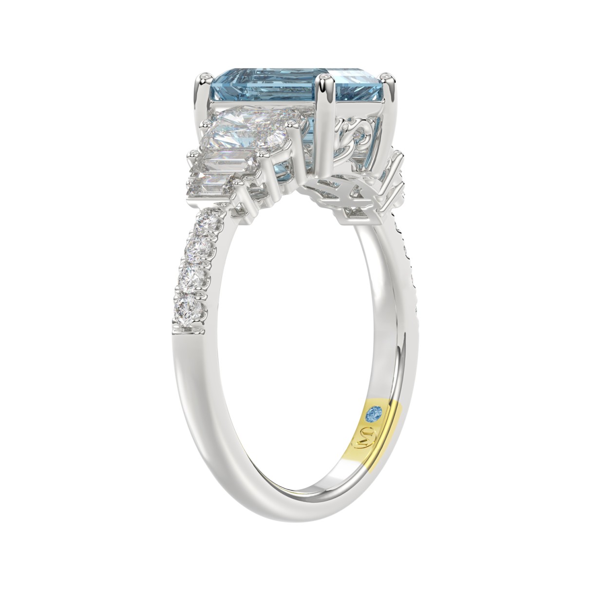 14K WHITE GOLD CRAFTED WITH 18K YELLOW GOLD SHANK 3 1/4CT ROUND/BAGUETTE/EMERALD DIAMOND LADIES RING (CENTER STONE EMERALD BLUE DIAMOND 2.00CT)