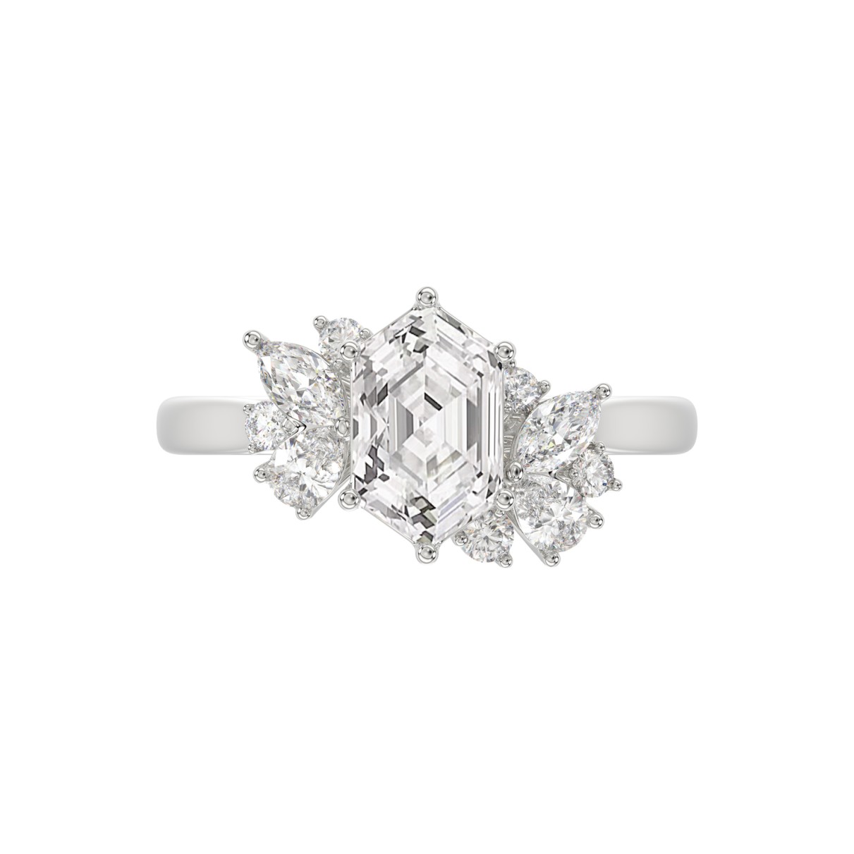 14K WHITE GOLD 2.00CT ROUND/MARQUISE/PEAR/LONG HEXAGON STEP CUT LADIES RING